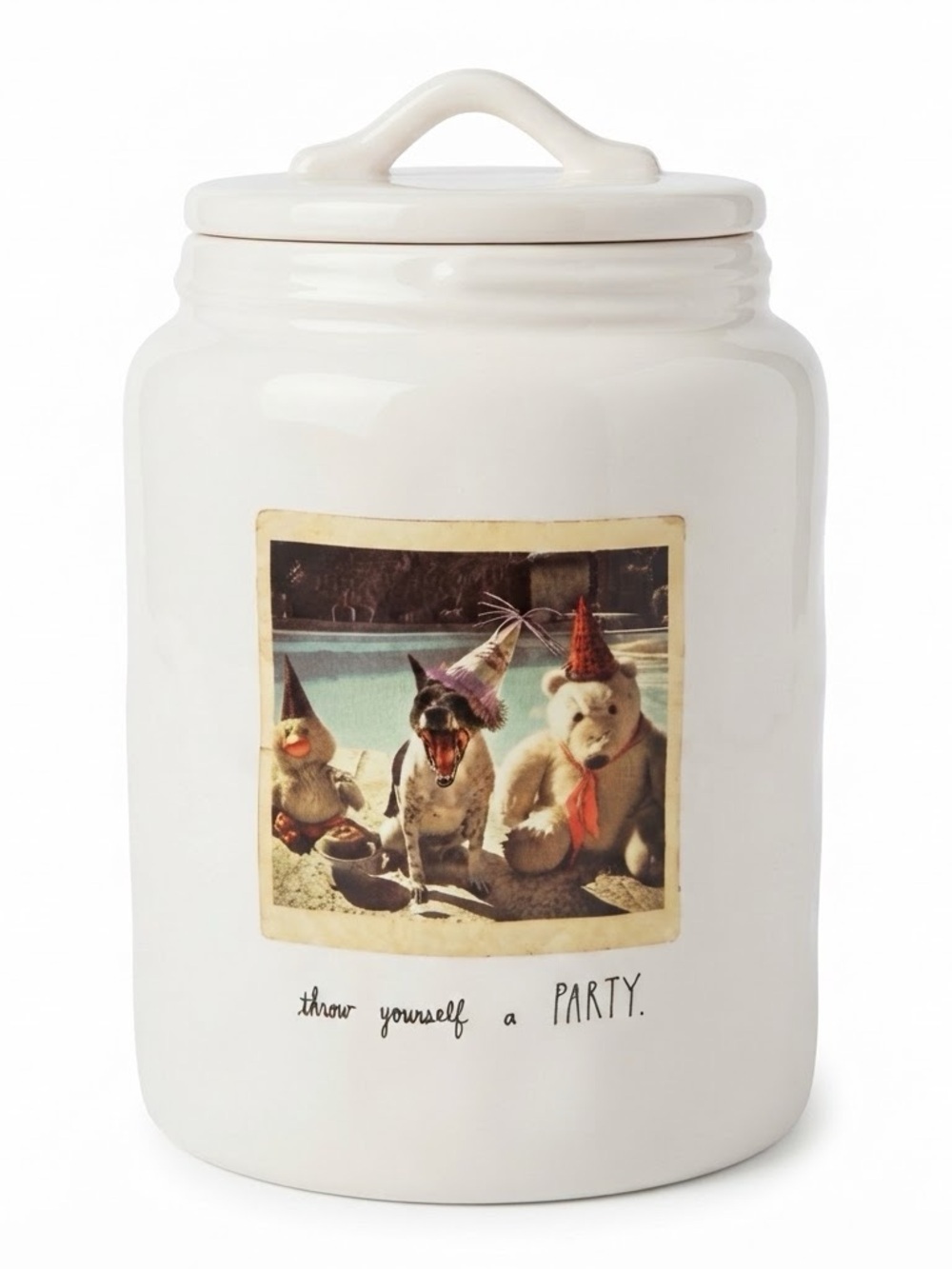 Rae Dunn “Throw Yourself a Party” Canister - RARE! 🎉🐾